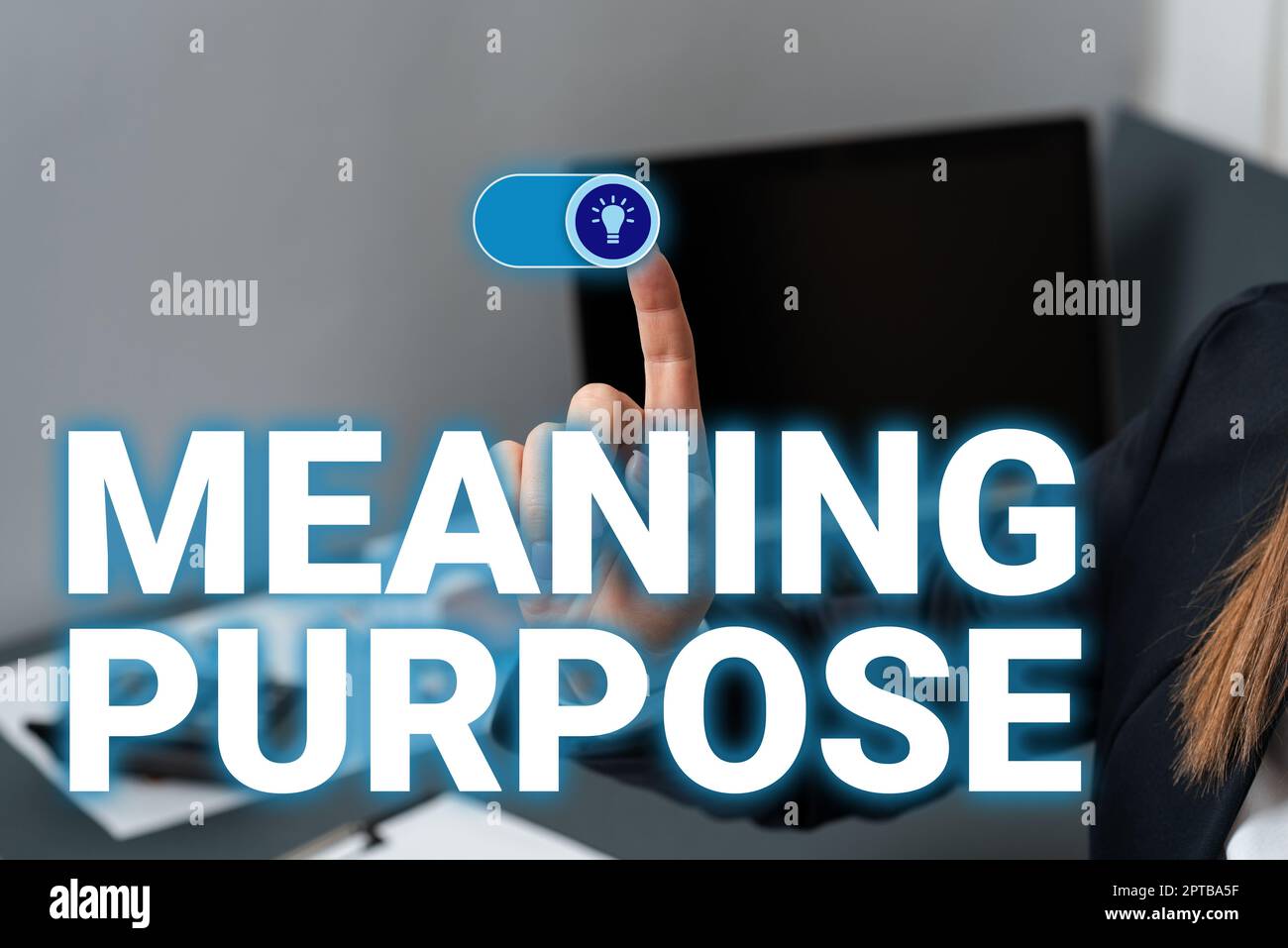 Conceptual display Meaning PurposeThe reason for which something is done or created and exists, Word Written on The reason for which something is done Stock Photo