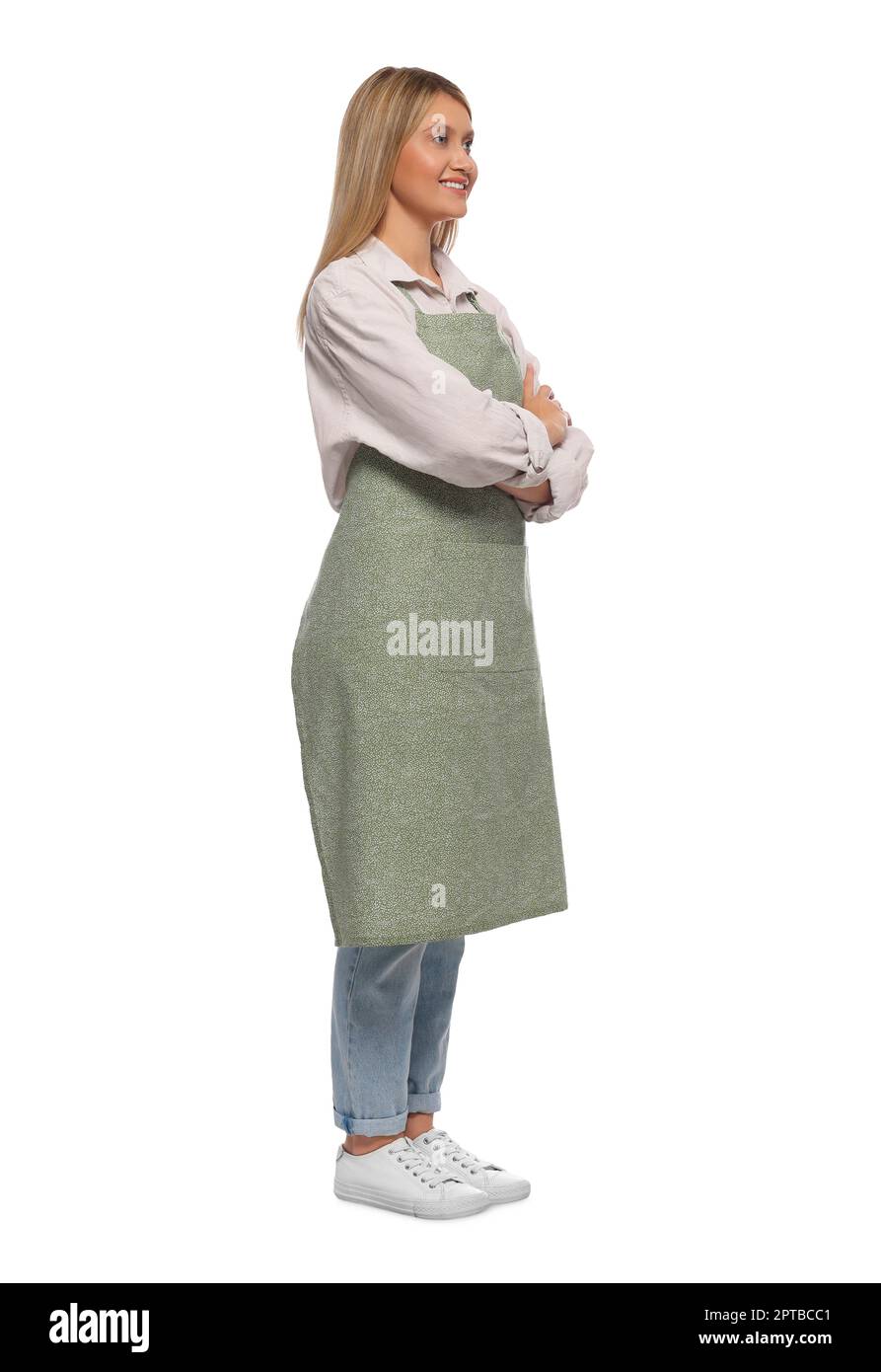 Beautiful young woman in clean apron on white background Stock Photo ...