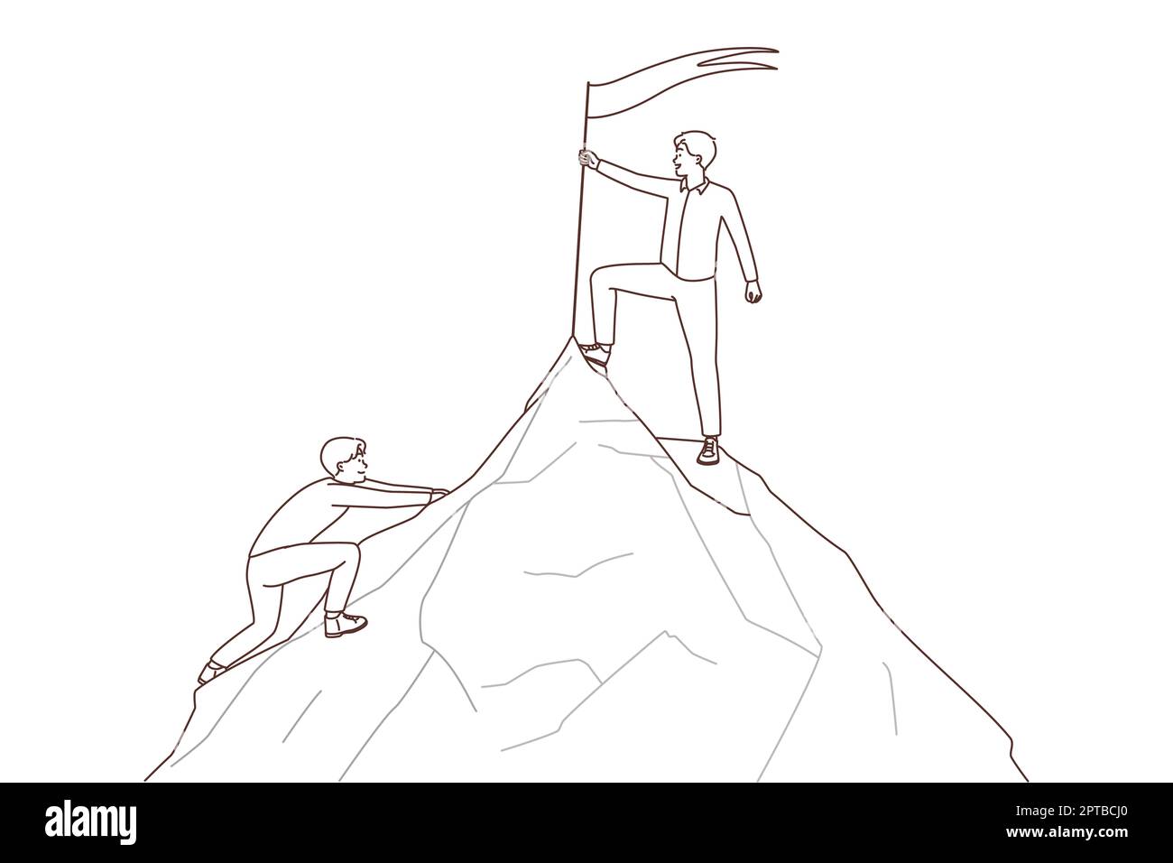 Businessman put flag on mountain peak reach top faster than rival. Male