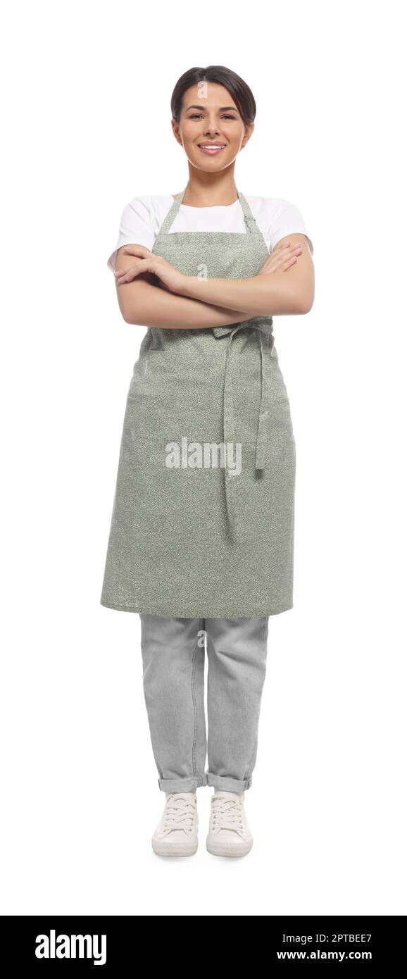 Young woman in green apron on white background Stock Photo - Alamy