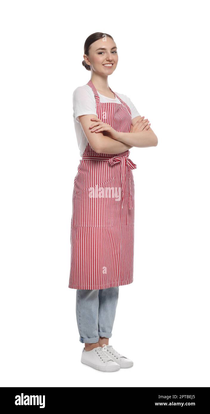 Beautiful young woman in clean striped apron on white background Stock ...