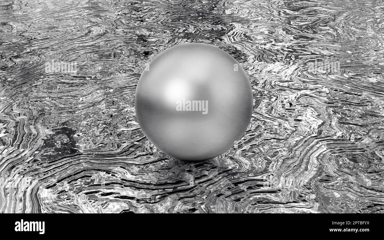 Realistic glossy chromium silver ball with glares on reflection silver wave background. 3d