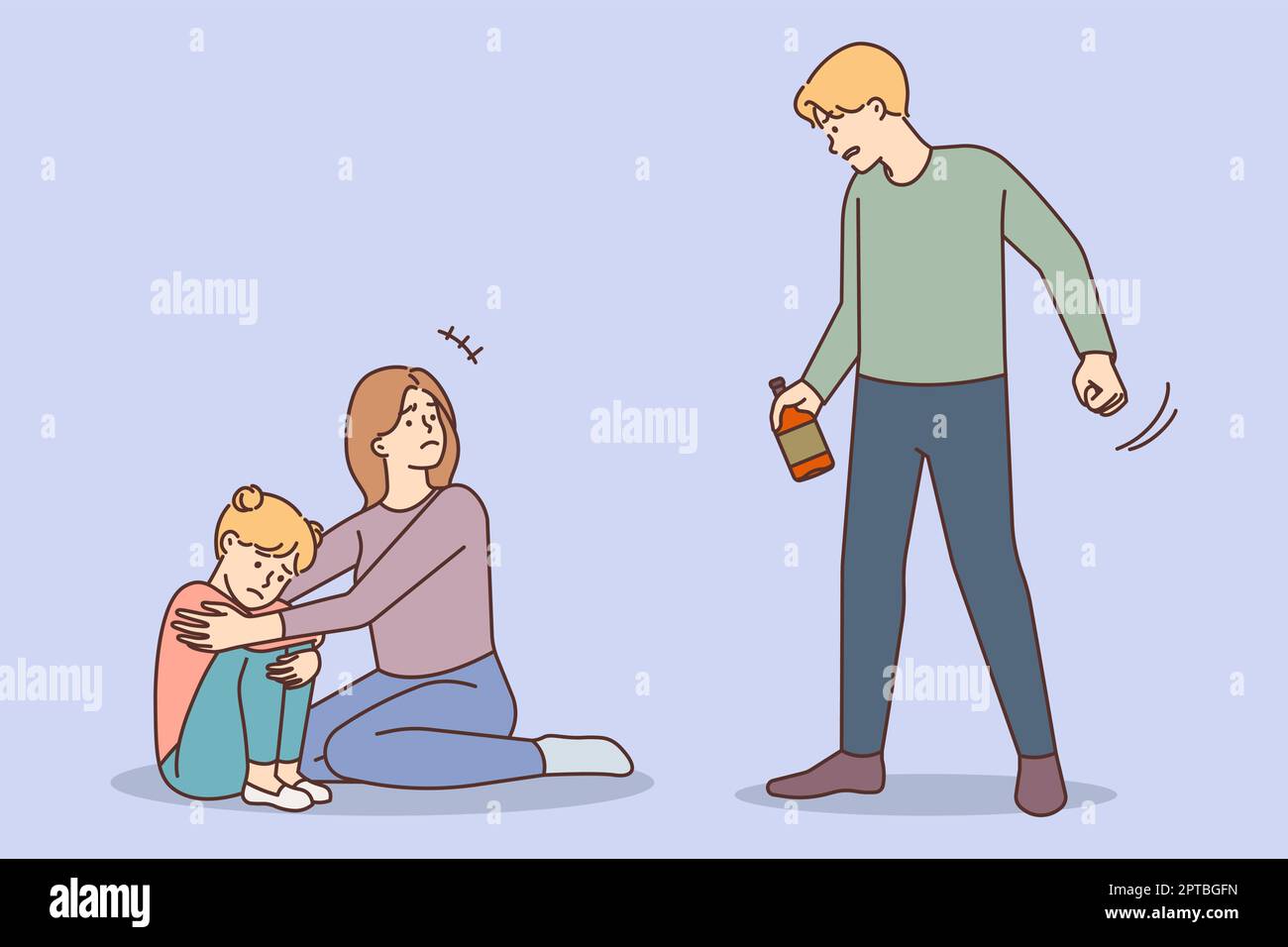 Scared mother protect child from drunk father Stock Vector