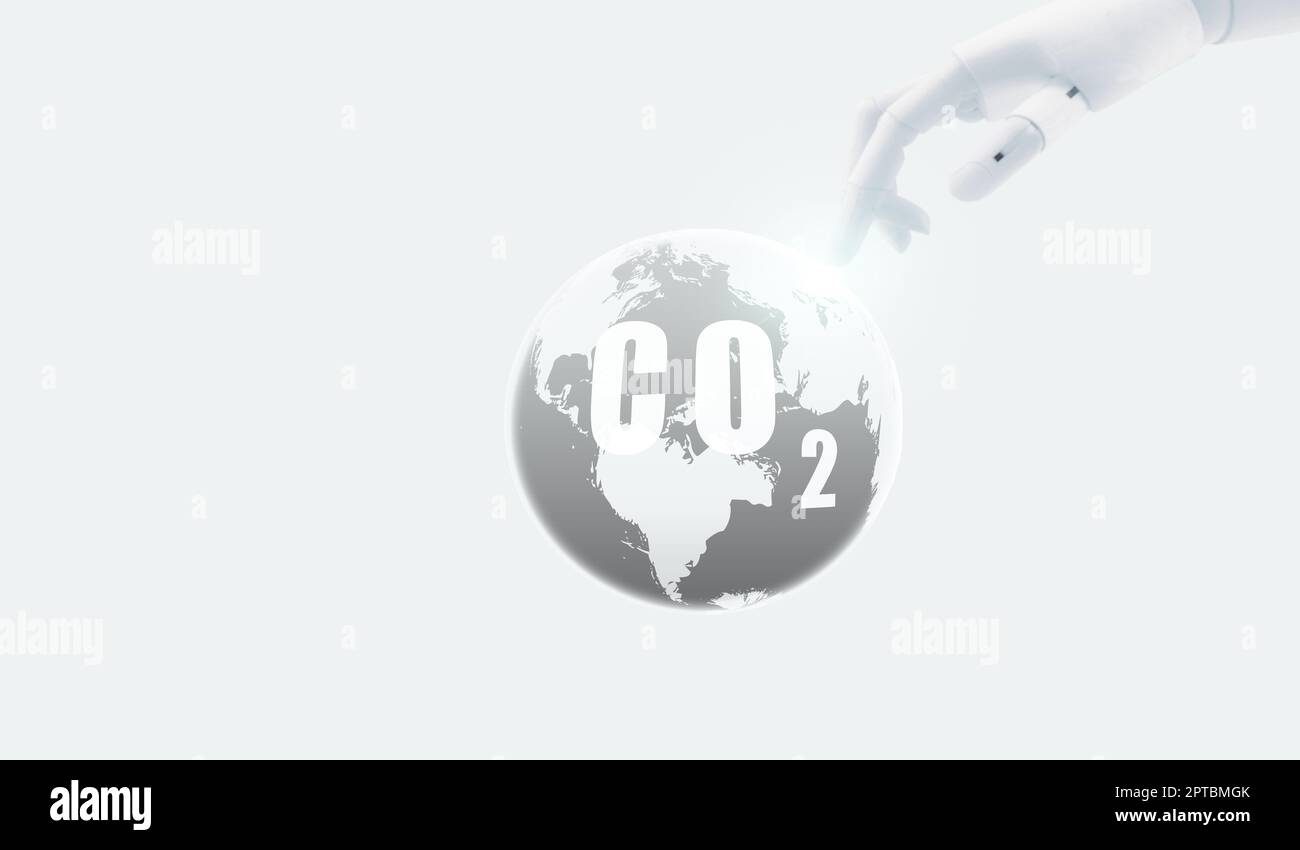 CO2 capture concept. Robot hand touch carbon dioxide on globe map