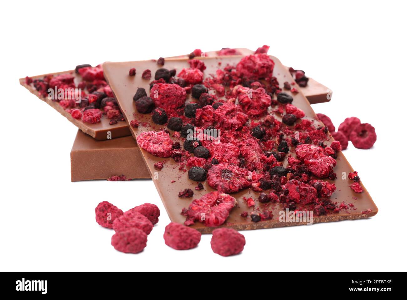 Chocolate bars with freeze dried berries on white background Stock ...