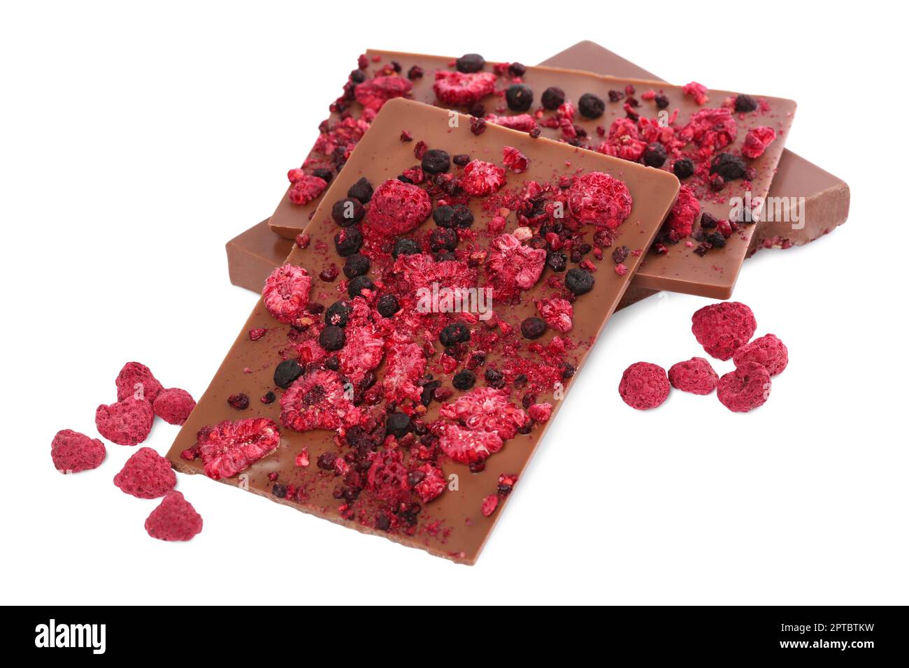 Chocolate bars with freeze dried berries on white background Stock ...