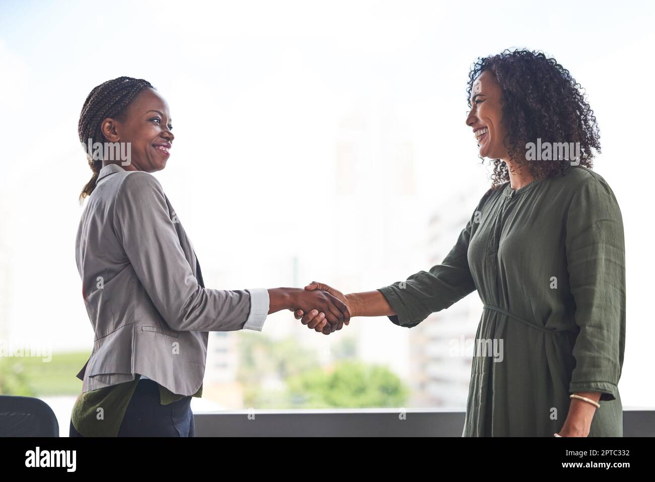 Congratulations you got the job. businesswomen shaking hands in the