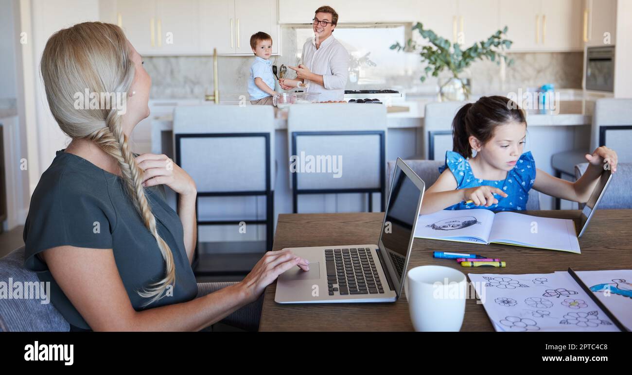 Family, children learning and mother work from home on laptop with father cooking in busy house