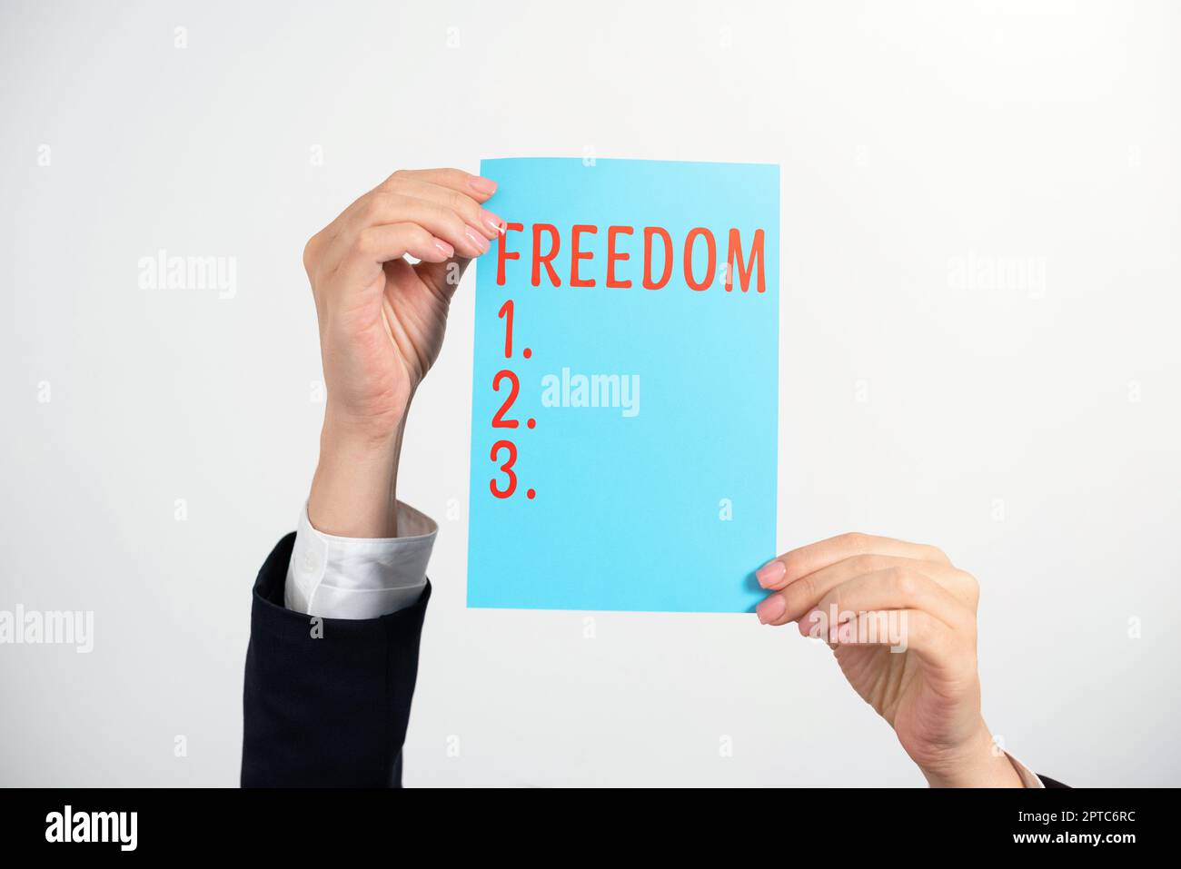 Text sign showing Freedom, Business showcase power or right to act speak or think as one wants without hindrance Businesswoman Holding Note With Impor Stock Photo