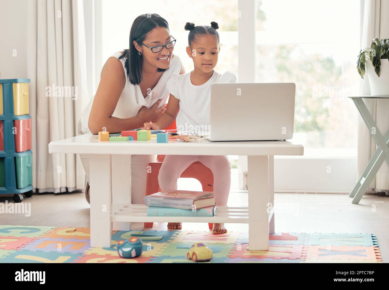 Education, teacher and online homeschool with laptop girl, help from