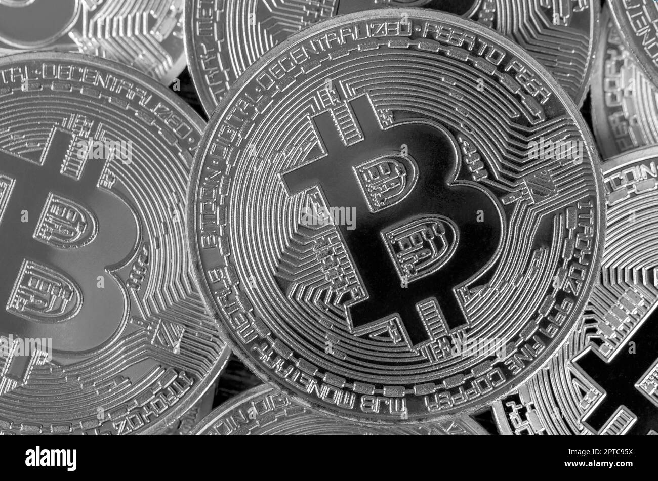 Many silver bitcoins. Cryptocurrency and virtual money concept. Shiny coins  with bitcoin symbol. Flat lay top view. Macro Stock Photo - Alamy