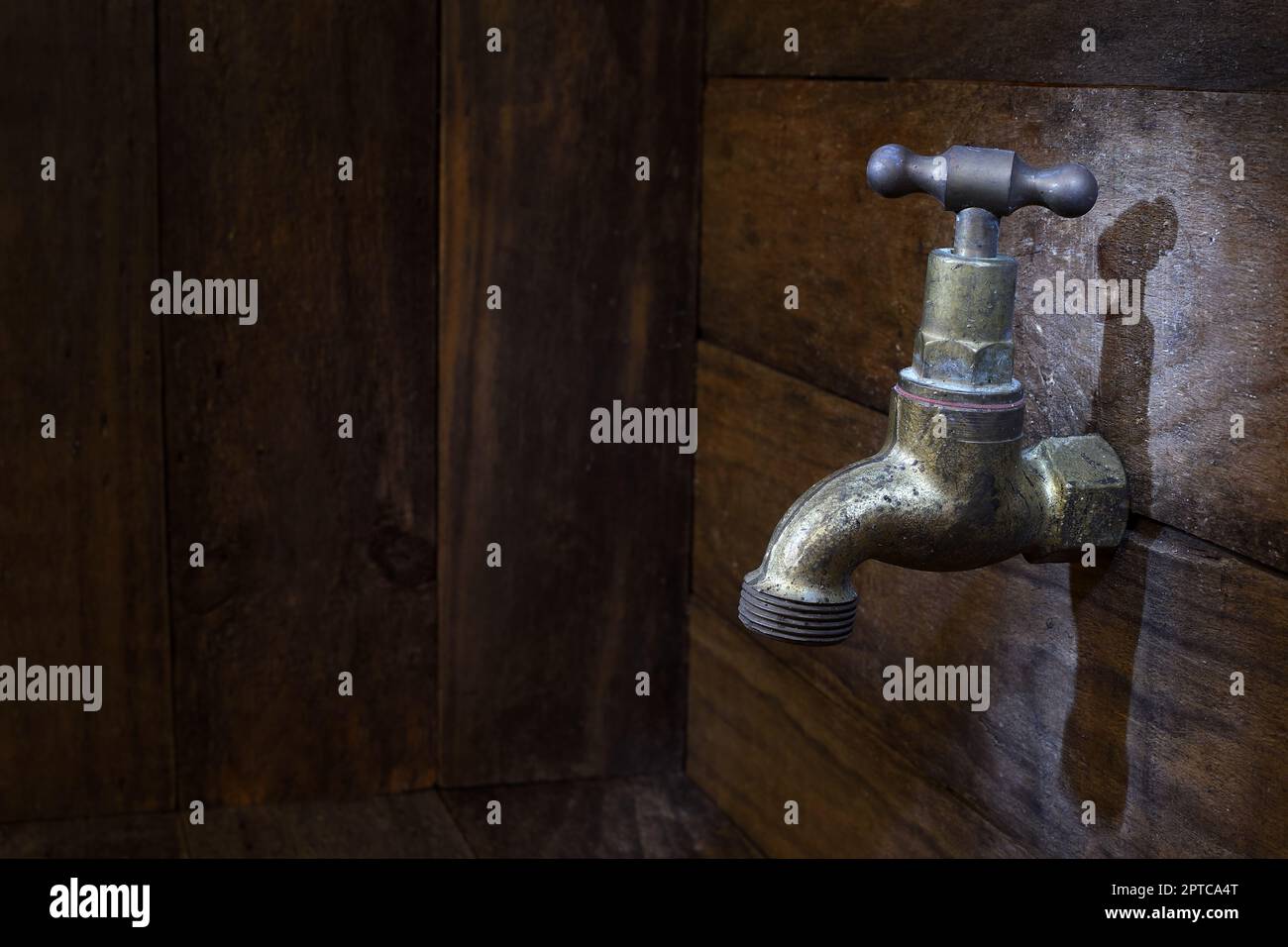 An old brass tap/faucet on a rustic wooden wall in soft dark mood lighting with copy space to the left of frame Stock Photo