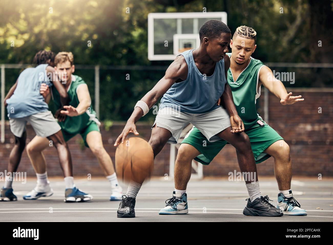 Sports, team and men playing basketball in a competition for college or