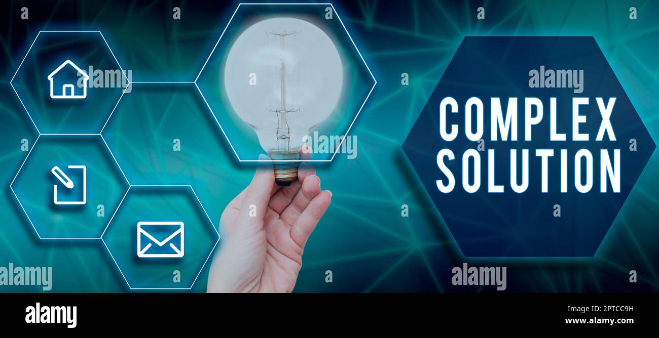 Conceptual display Complex Solution, Business idea computer time or service including data processing services Woman Holding Light Bulb With Digital H Stock Photo