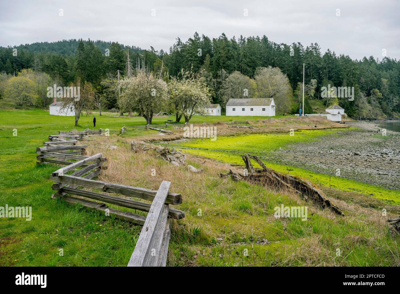 View of the English Camp, a National Historical Park with a zigzag split rail fence on San Juan Island in the San Juan Islands in Washington State, Un Stock Photo
