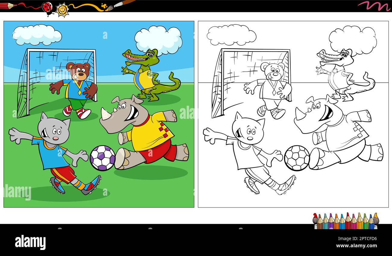 comic animals group playing soccer coloring page Stock Vector Image