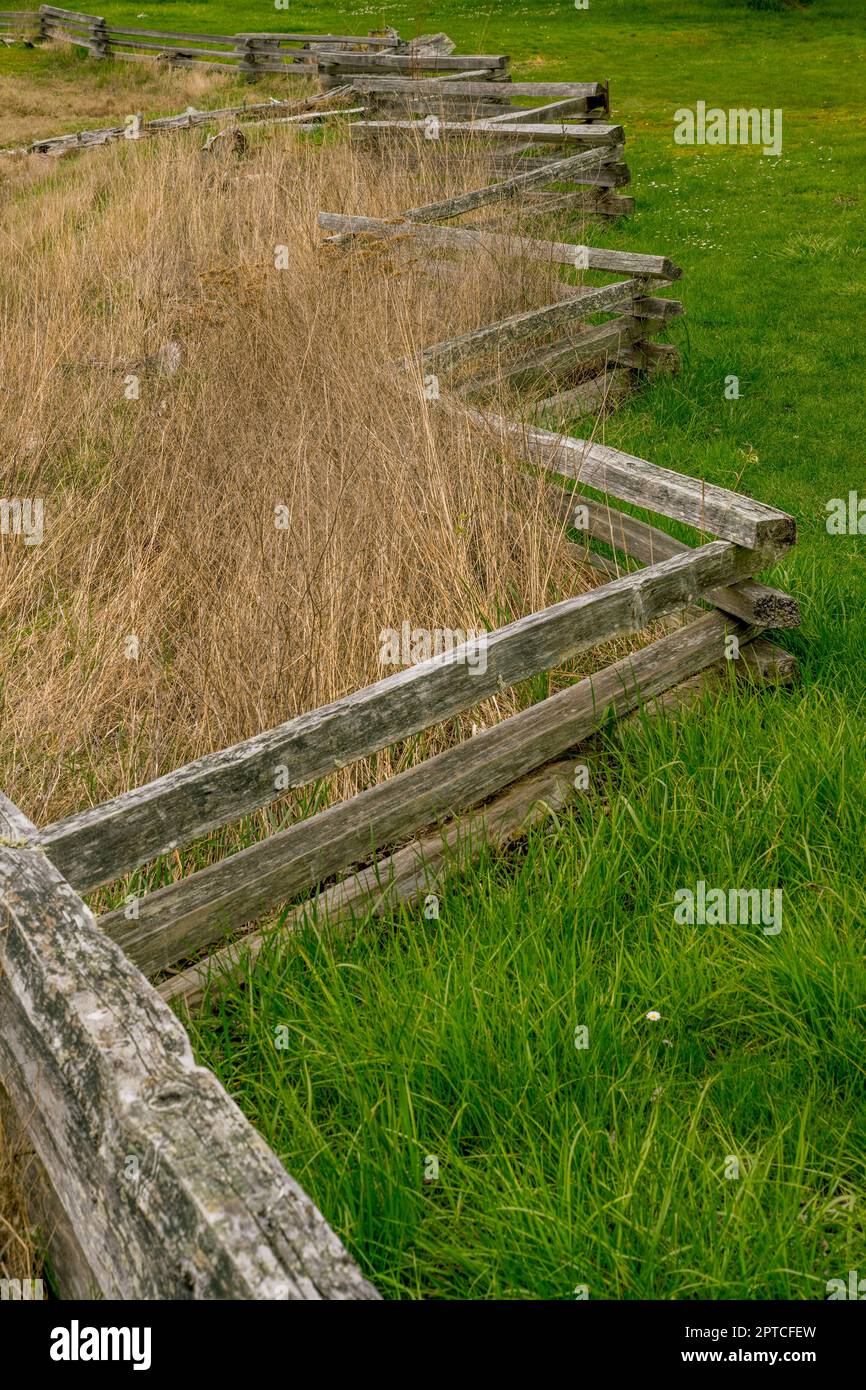Close-up of a zigzag split rail at the English Camp, a National Historical Park on San Juan Island in the San Juan Islands in Washington State, United Stock Photo
