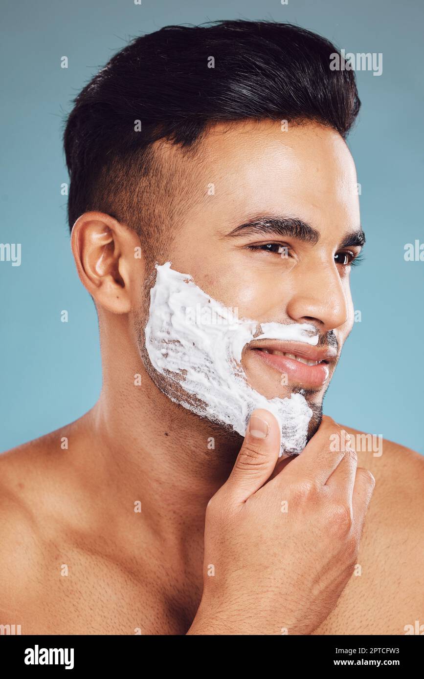 Shaving, cream and face of a man cleaning a beard for skincare