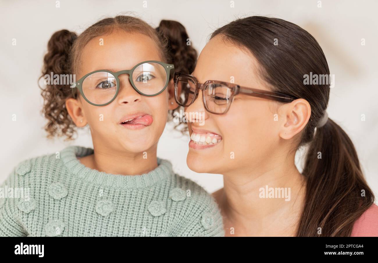 Family, glasses and happiness with mother and child happy with optics