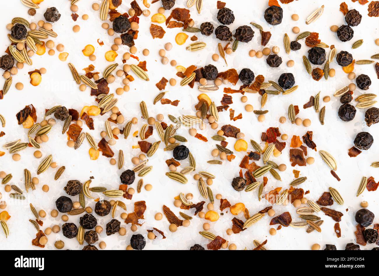 Salt, black peppercorn, red pepper flakes, fennel seeds, and mustard