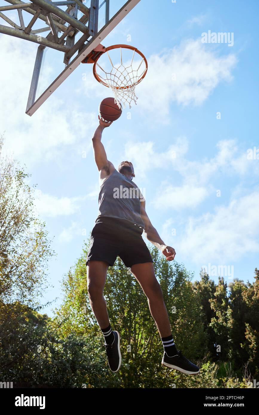 Basketball, black man and shooting, athlete and fitness, playing sports on outdoor basketball