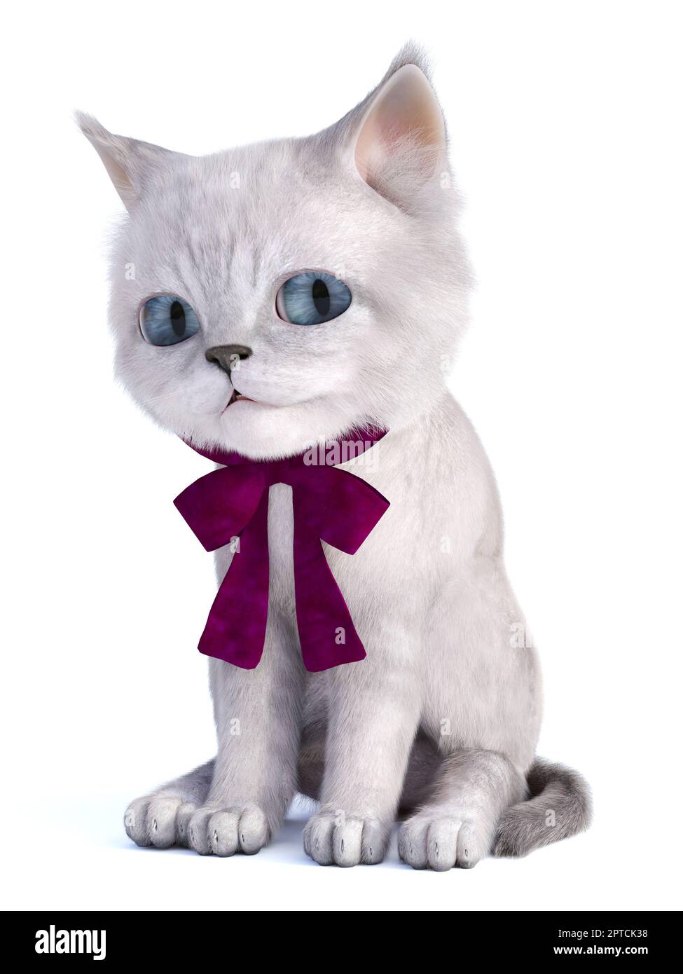 3D rendering of a cute kitten with big blue eyes and a purple bow ...