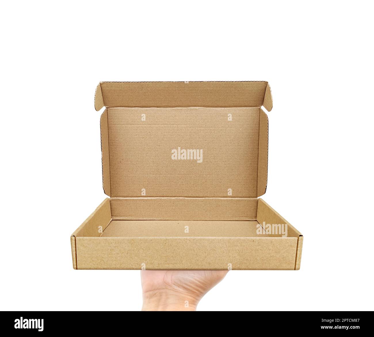 Empty cardboard box with copy space in the male hands on the white ...