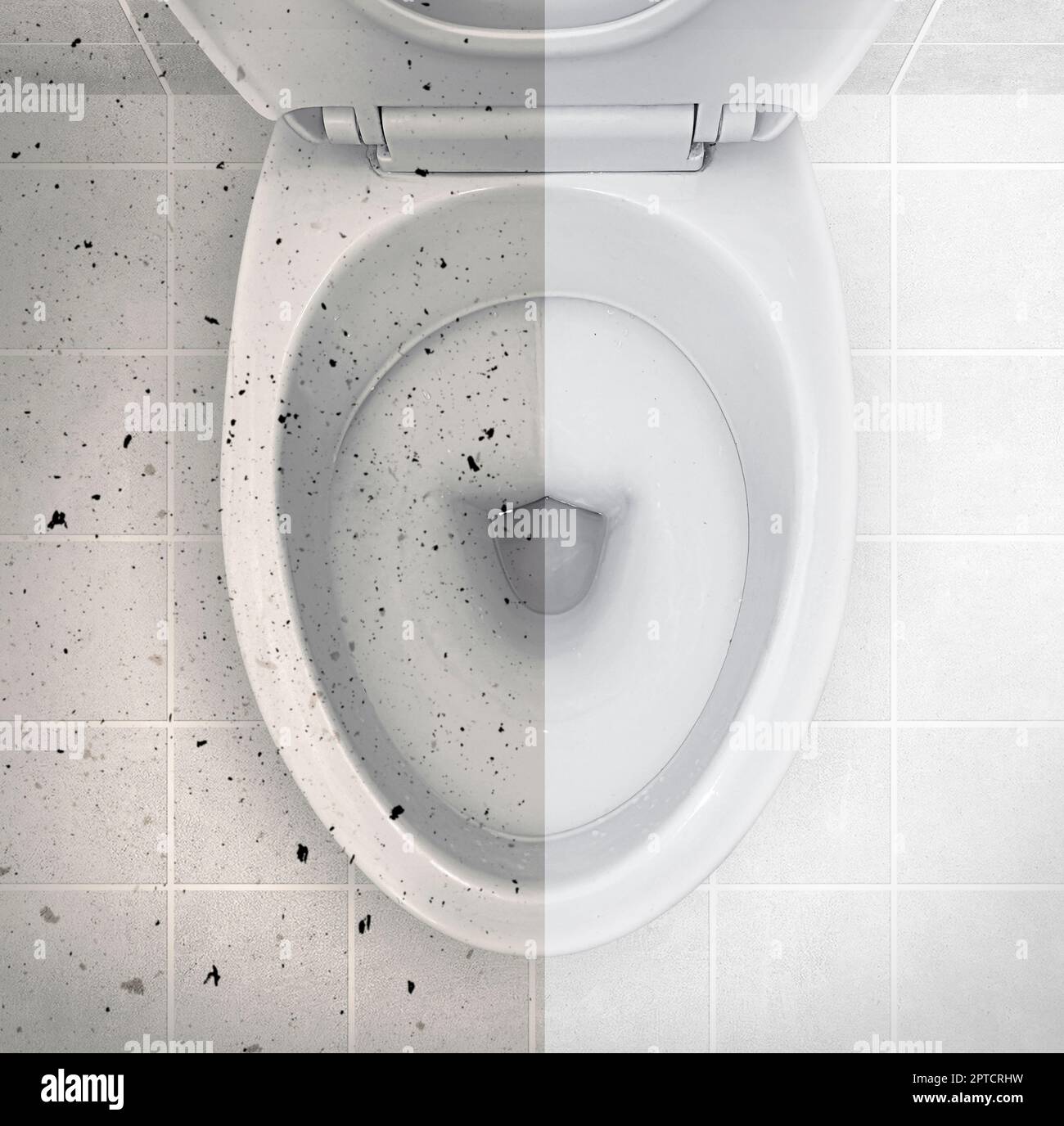 Photos before and after cleaning a dirty toilet, the result of using