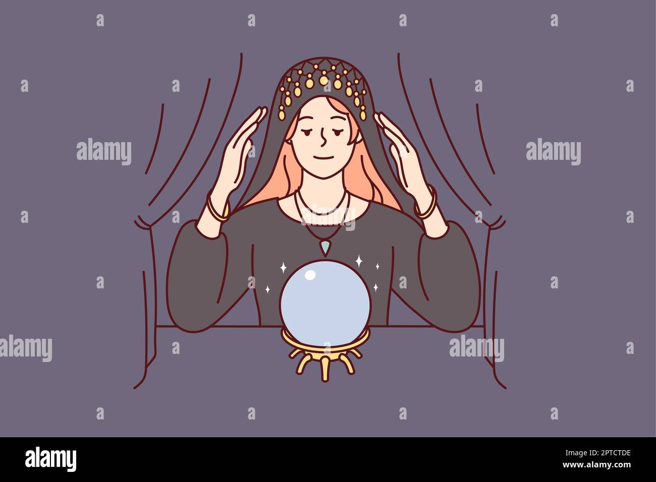 Female fortune teller look at magic ball predict future. Woman gypsy in