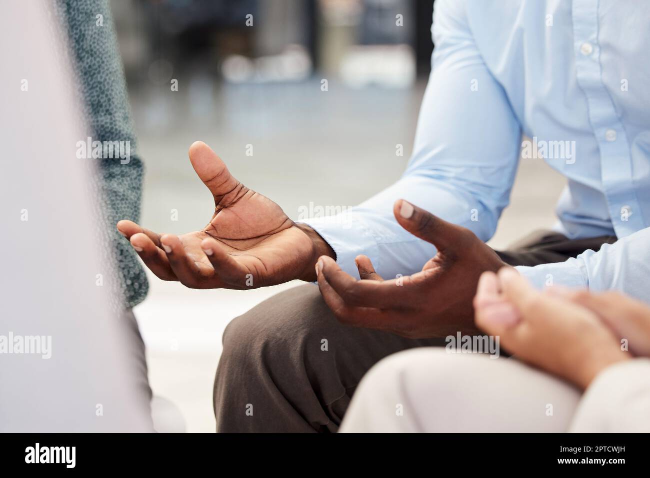 Business people, hands and counseling for meeting, advice or discussion