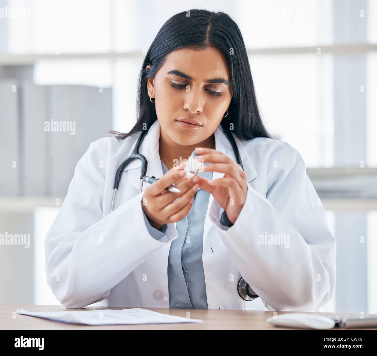 Woman with medication prescription, health and doctor in hospital