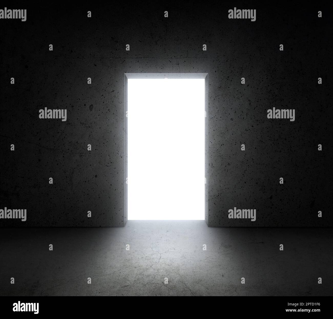 Bright white light shines from door in dark room. Dream, success