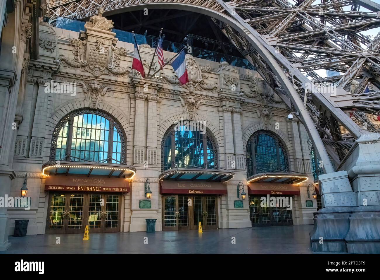 Entrance to the Paris Las Vegas Hotel and Casino in the early light of