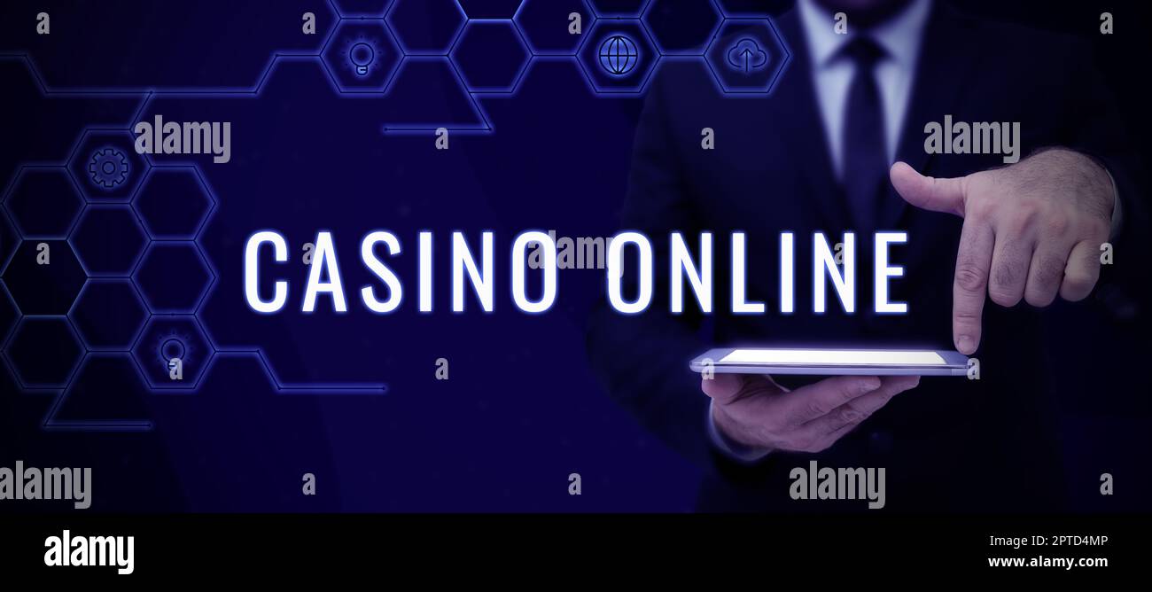 Text sign showing Casino Online, Conceptual photo Computer Poker Game Gamble Royal Bet Lotto High Stakes Stock Photo