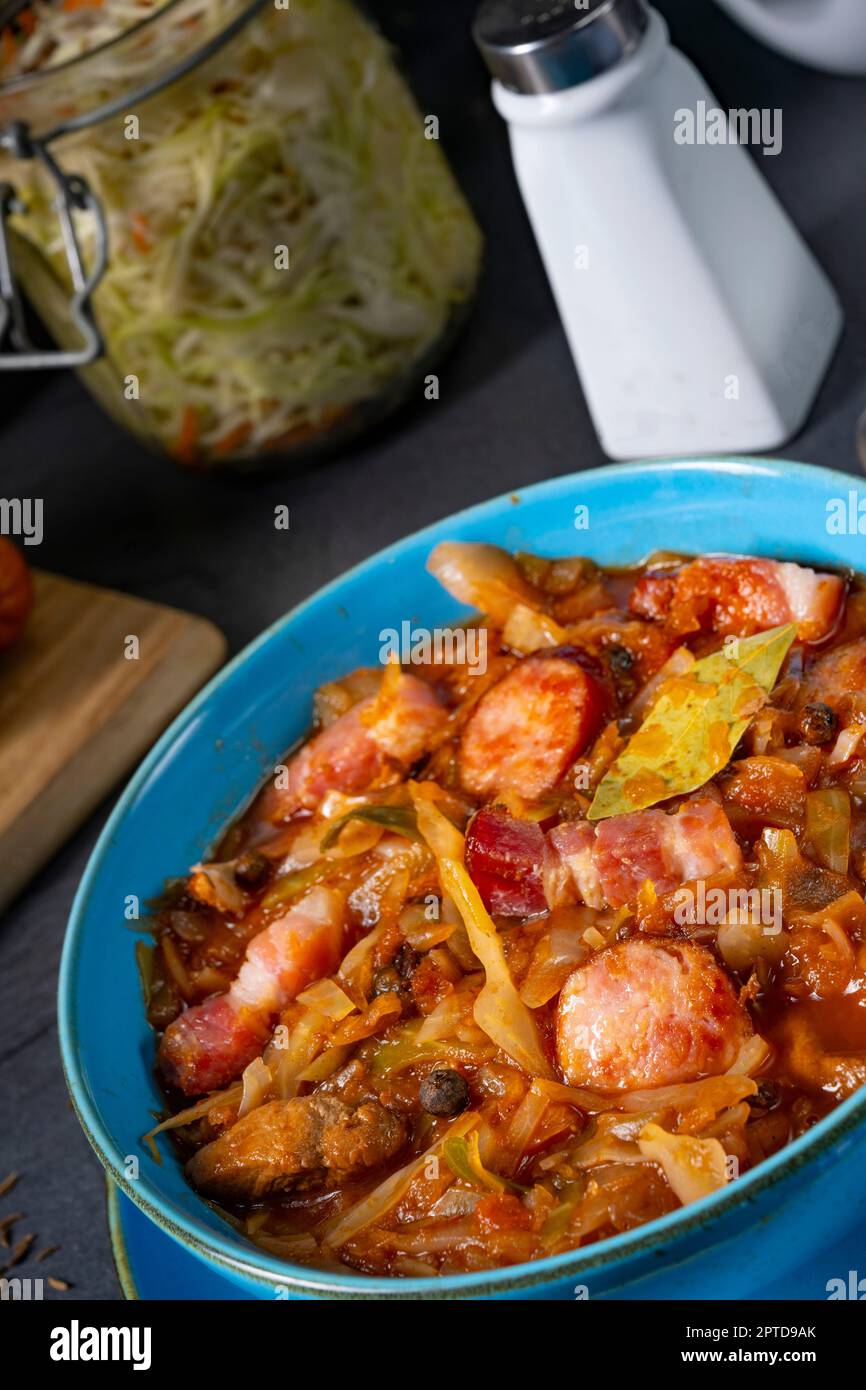 Polish bigos with sausage and mushrooms Stock Photo Alamy