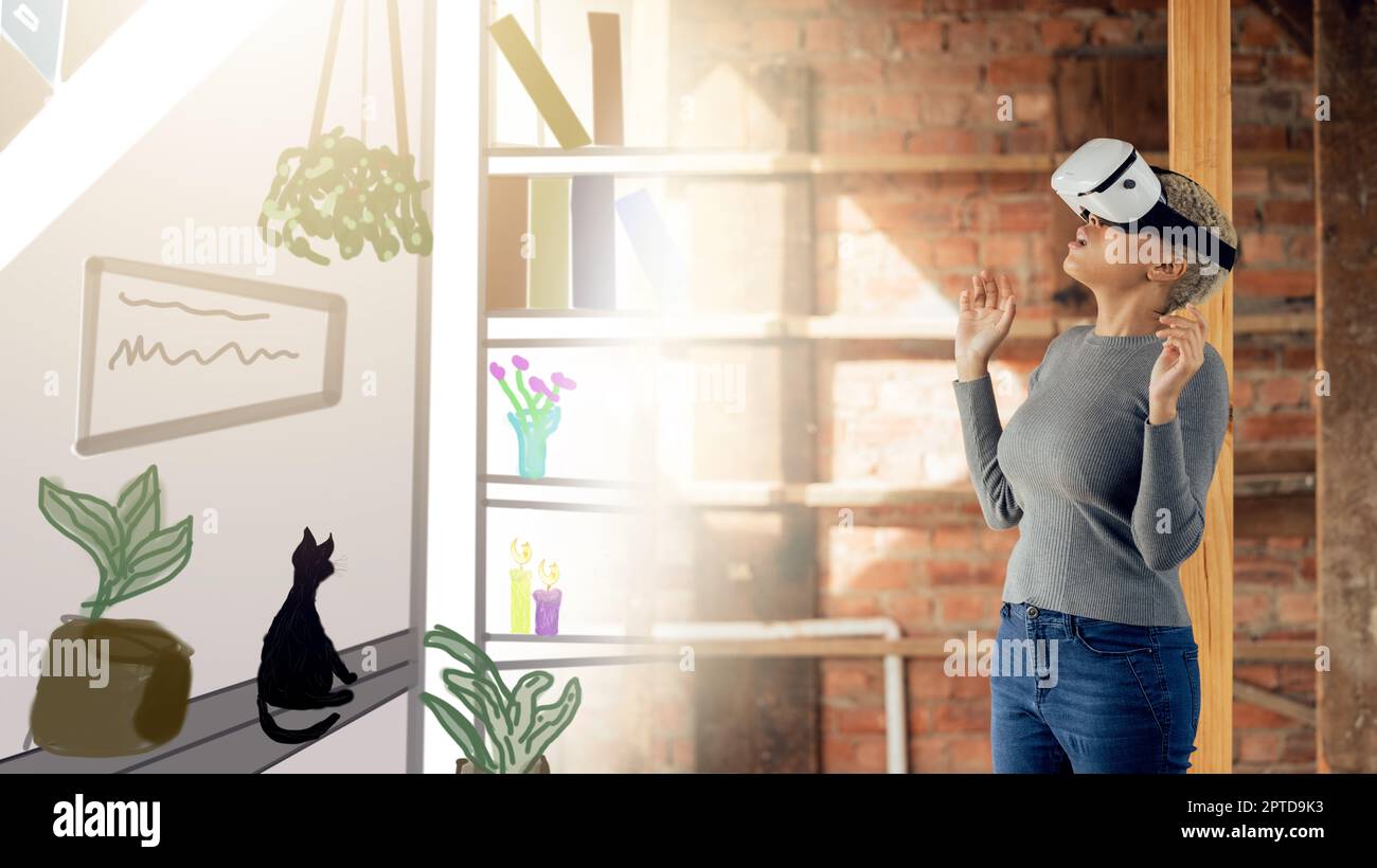 Vr, futuristic and black woman in 3d virtual reality, art or cyber world with cat and plants