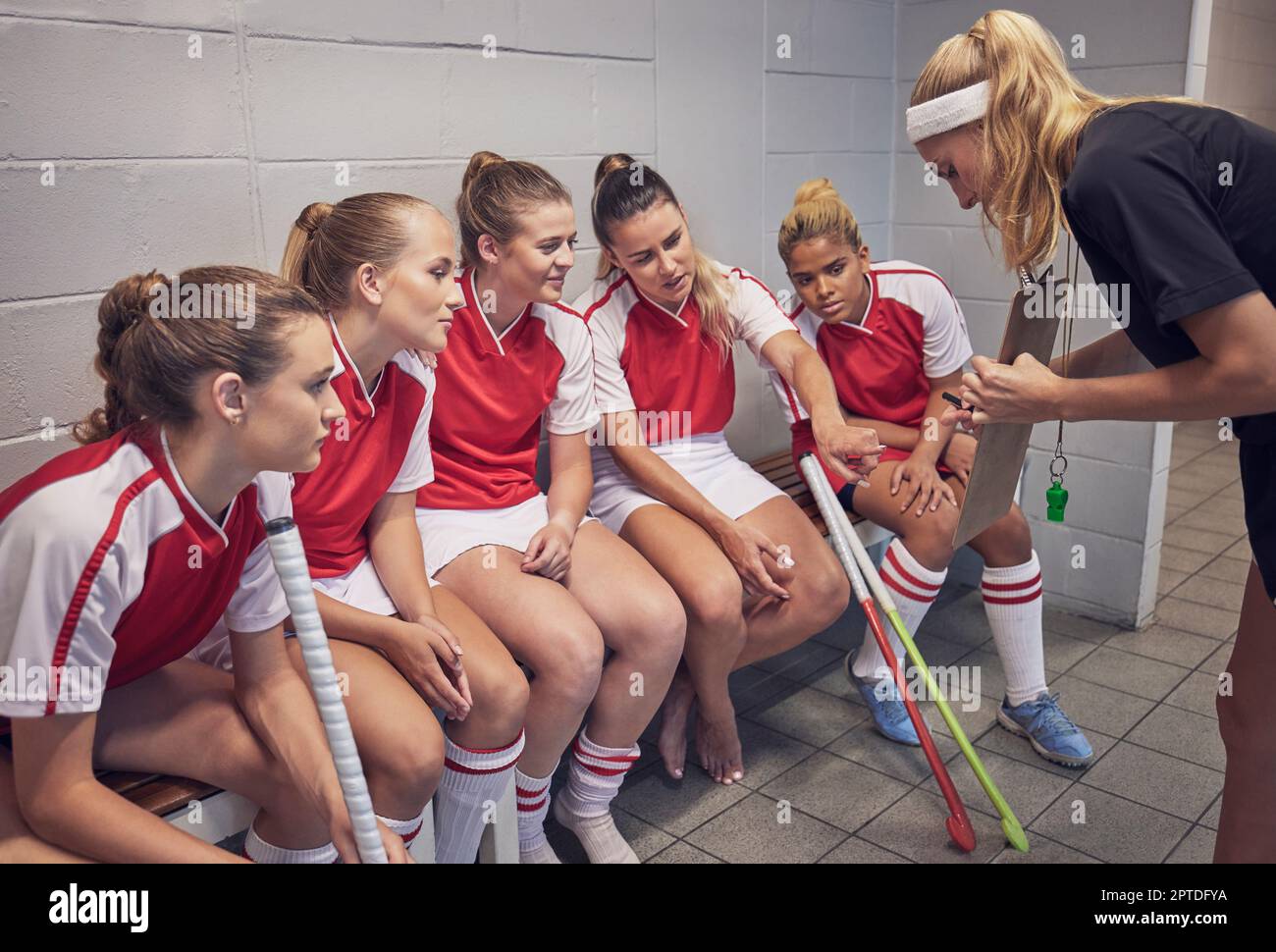 Hockey, girl team and coach with strategy, sports game and teamwork