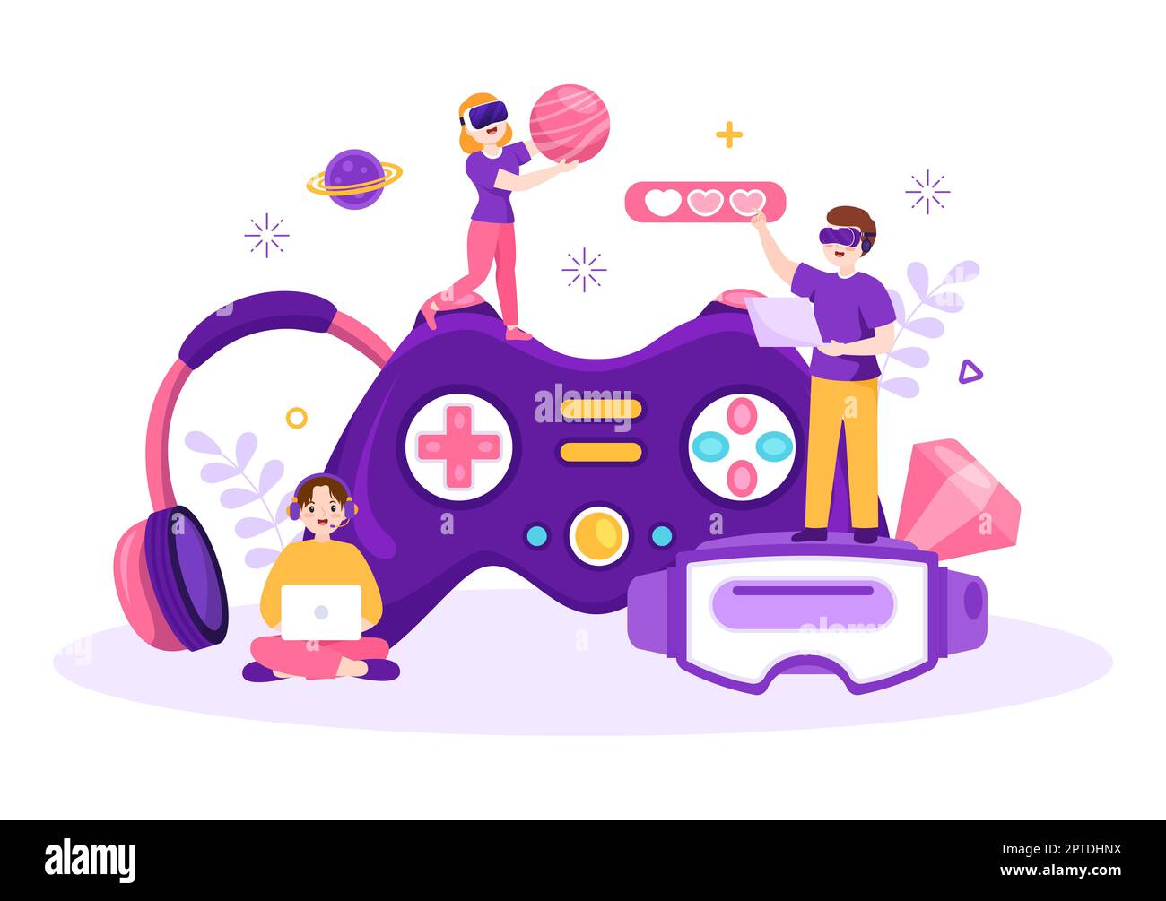 Video Game with Kids Playing Gamepad Controllers Fighting Console on Android Mobile Computer in Flat Cartoon Hand Drawn Template Illustration Stock Photo