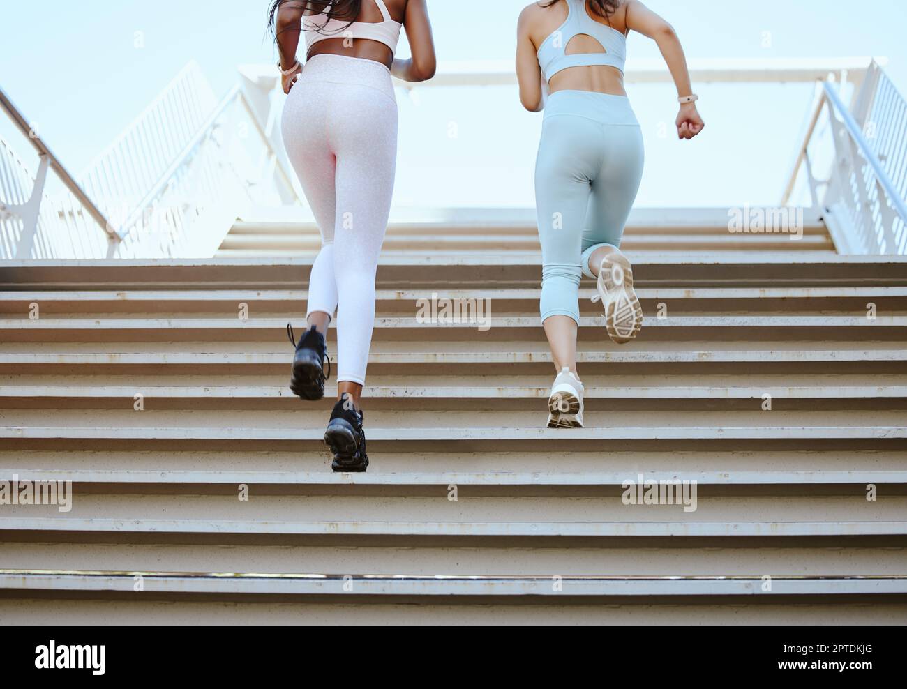 Fitness women, legs running steps and exercise together for healthy
