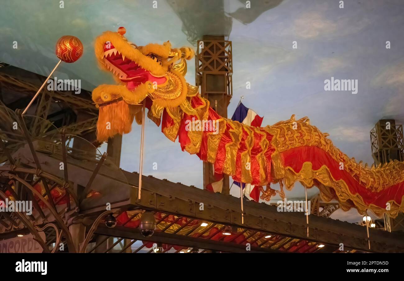 Chinese dragon for good fortune at the Paris Las Vegas Hotel and Casino in Las Vegas, Nevada USA. Stock Photo