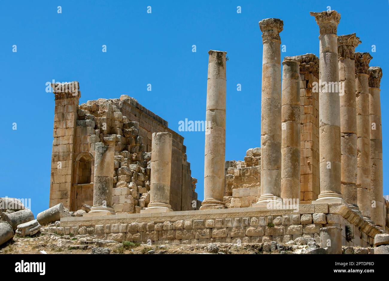 The Hellenistic Naos at the ancient site of Jarash in Jordan. It was built by Theon in 69/70 AD on the lower terrace of the Sanctuary of Zeus. Stock Photo