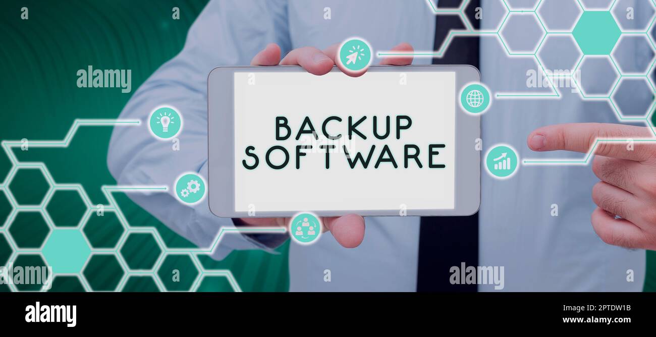 Conceptual caption Backup Software, Word for create extra exact copies of files or entire computers Stock Photo