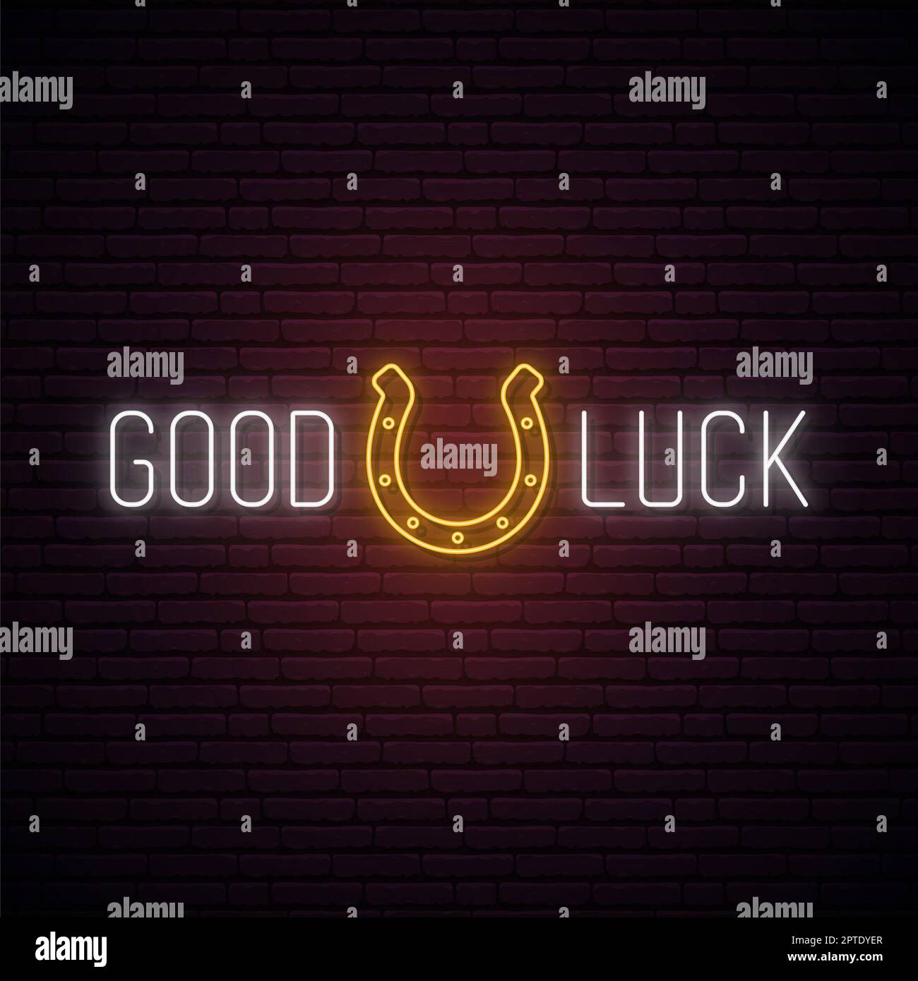 Neon horseshoe sign. Glowing horseshoe icon and Good luck text in neon