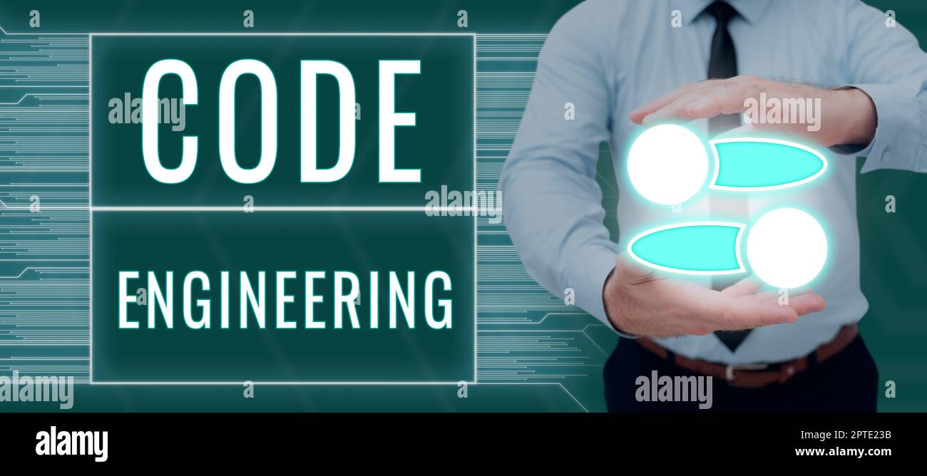 Hand writing sign Code Engineering, Business idea application of engineering to the development of software Stock Photo