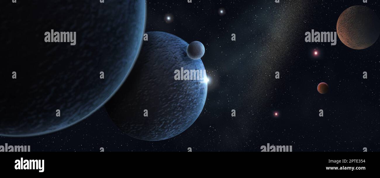 huge and small planets in outer space around an asteroid cluster Stock ...