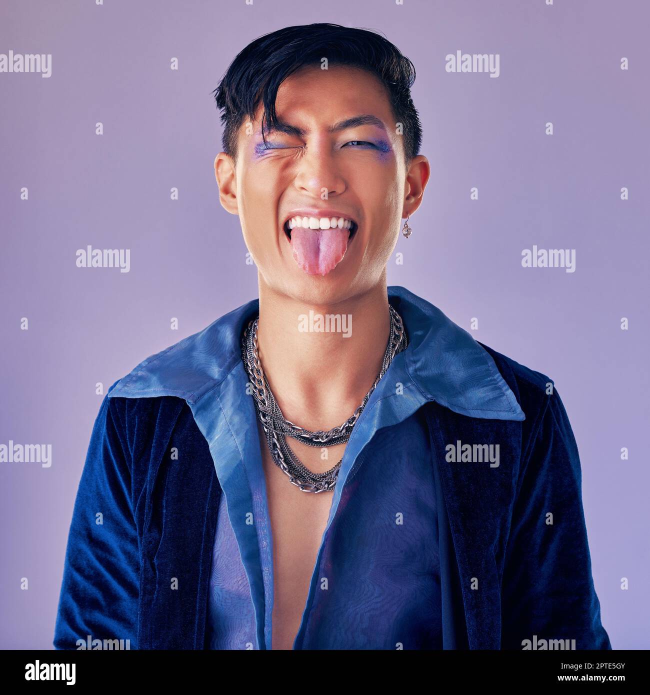 Fashion, purple and crazy punk model with creative eyeliner, makeup design or facial cosmetics