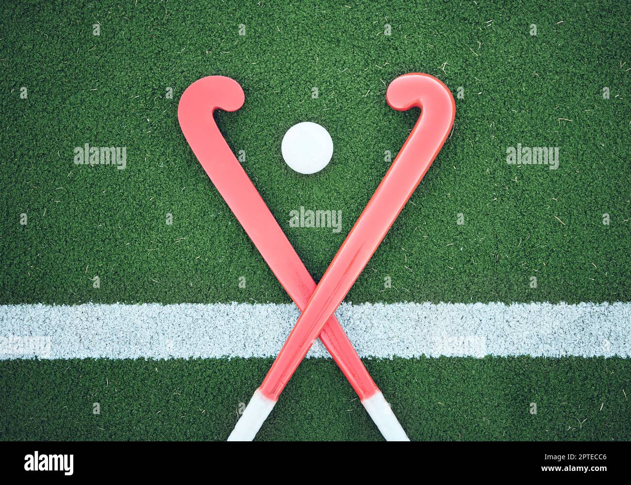 Turf field, hockey stick or sports ball on the ground for fitness