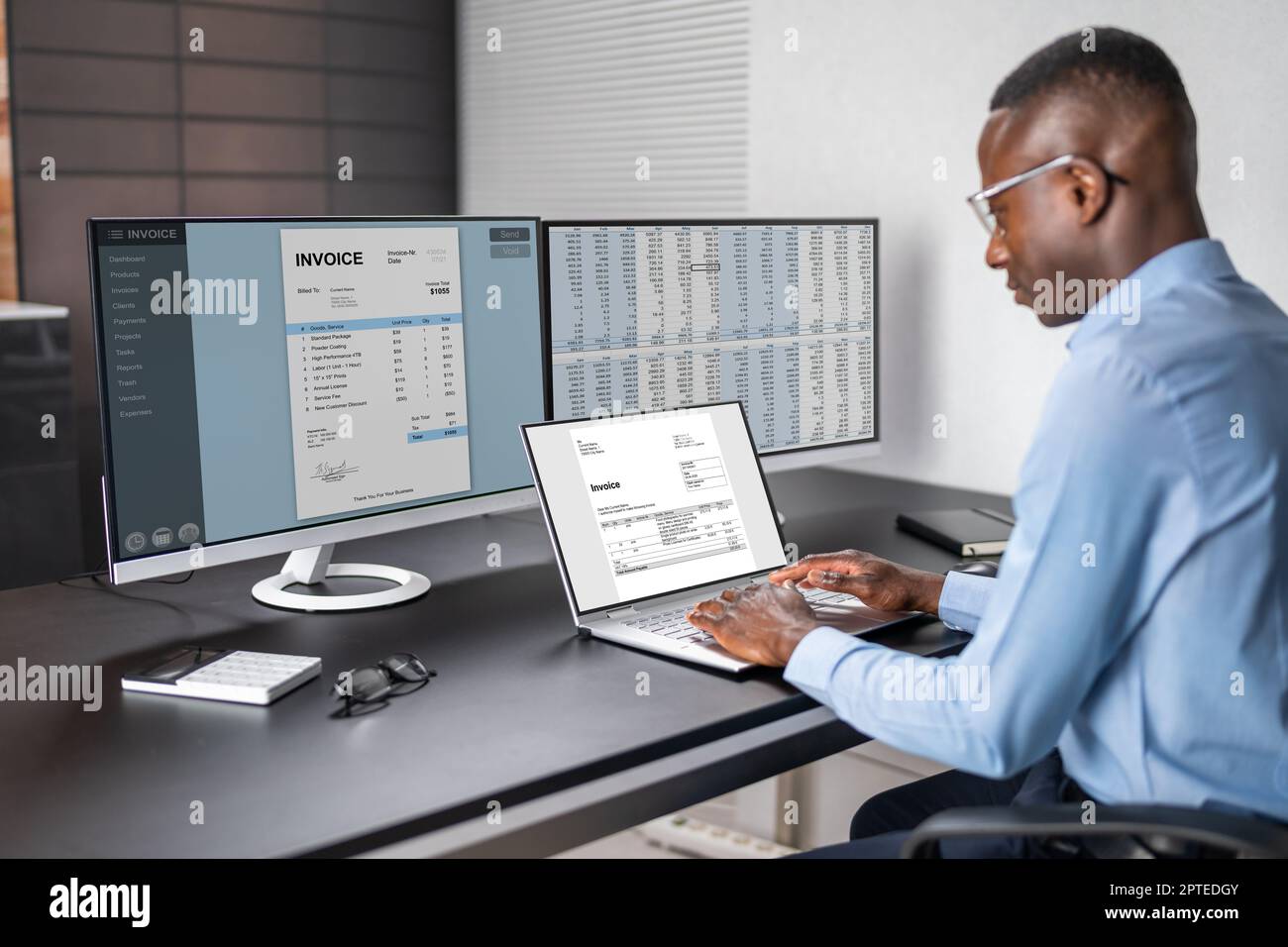 Spreadsheet Analyst Employee Worker. Medical Report On Computer Stock Photo