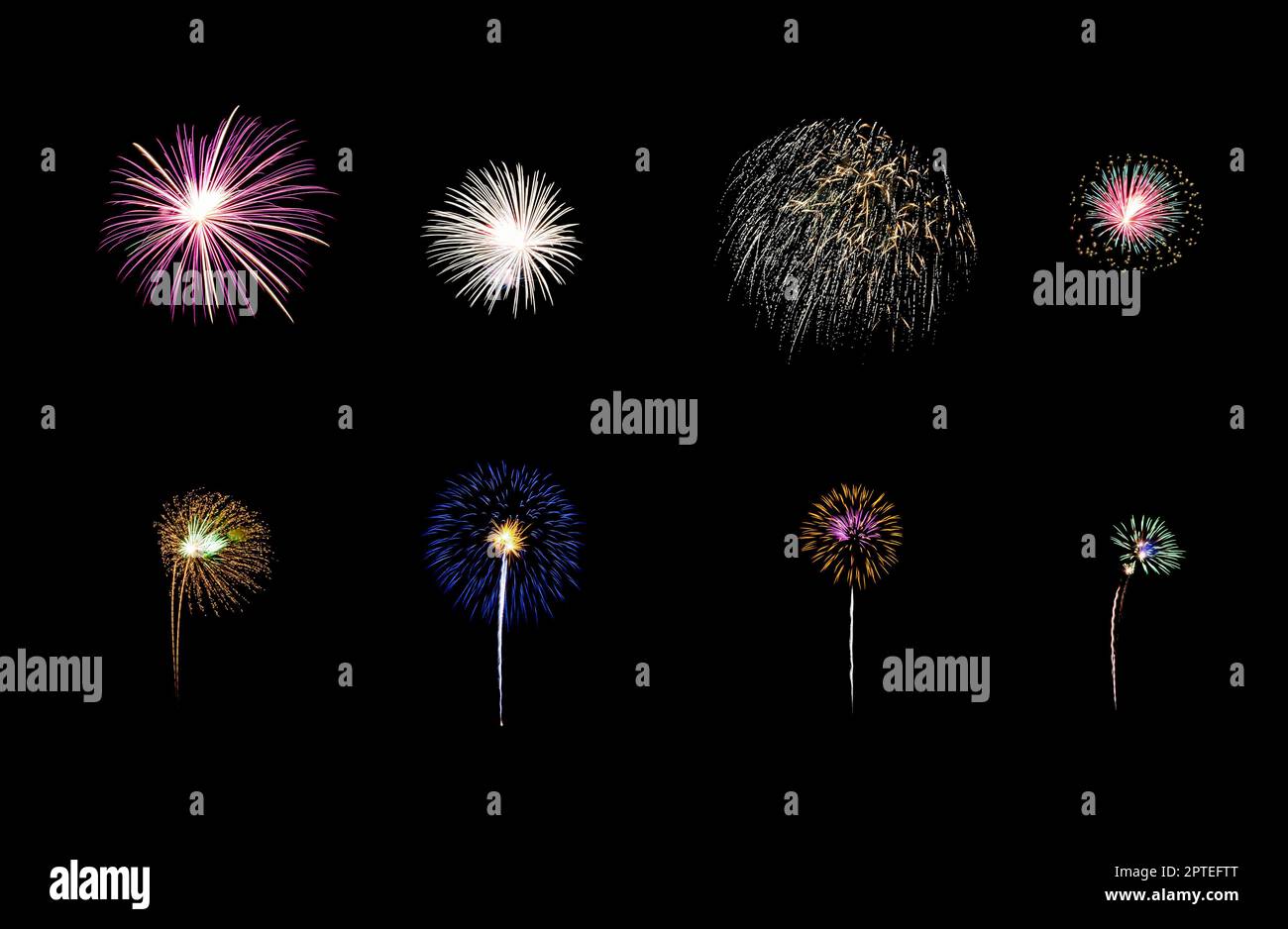 Collection of colorful festive eight fireworks exploding over night sky, isolated on black background Stock Photo