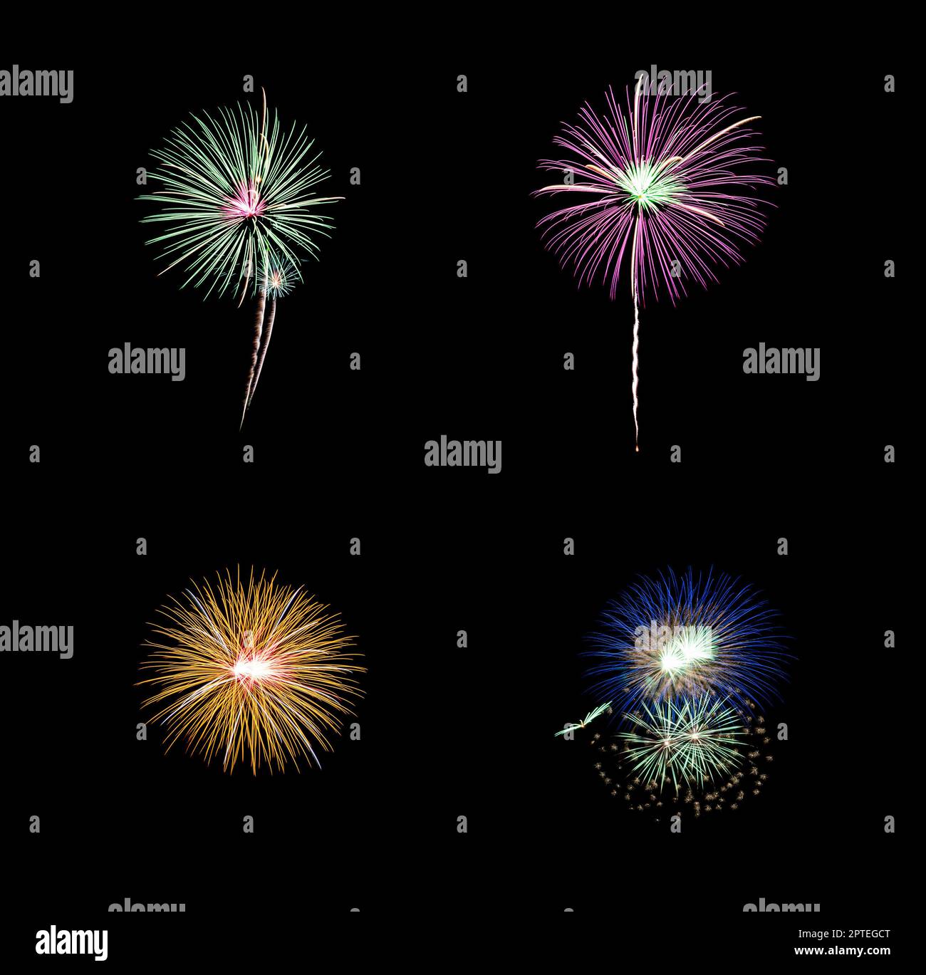 Collection of colorful festive four  fireworks exploding over night sky, isolated on black background Stock Photo